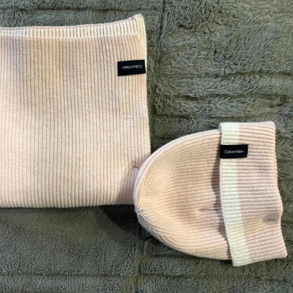 Pale pink Calvin Klein Beanie and Scarf.